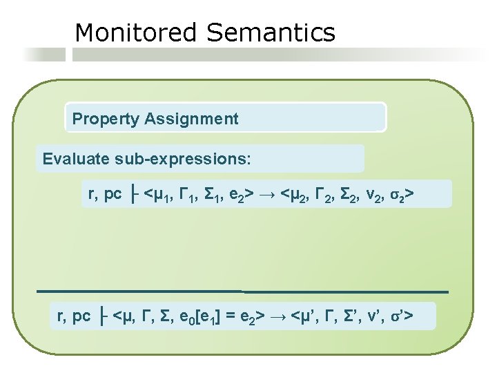 Monitored Semantics Property Assignment Evaluate sub-expressions: r, pc ├ <μ 1, Γ 1, Σ