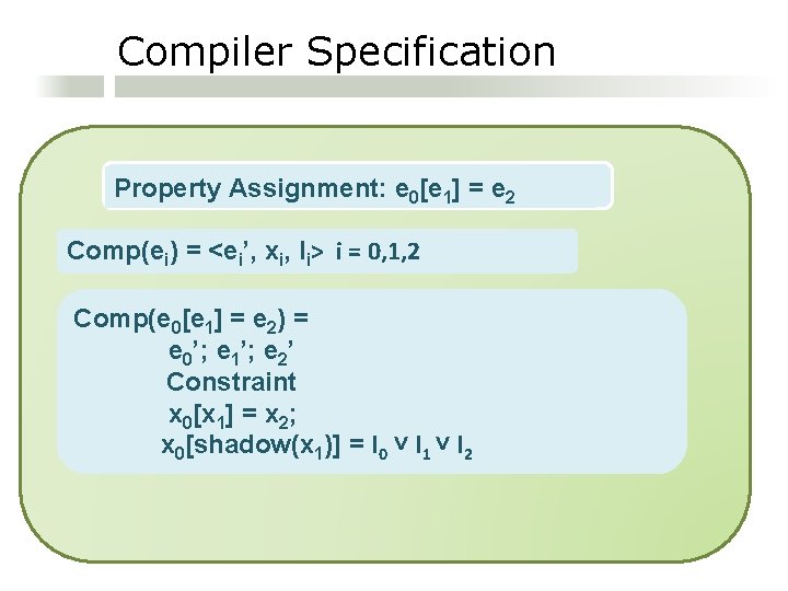 Compiler Specification Property Assignment: e 0[e 1] = e 2 Comp(ei) = <ei’, xi,