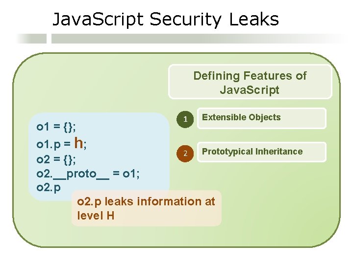Java. Script Security Leaks Defining Features of Java. Script o 1 = {}; 1