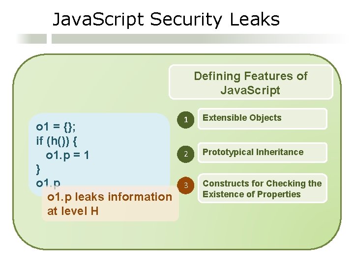 Java. Script Security Leaks Defining Features of Java. Script o 1 = {}; if
