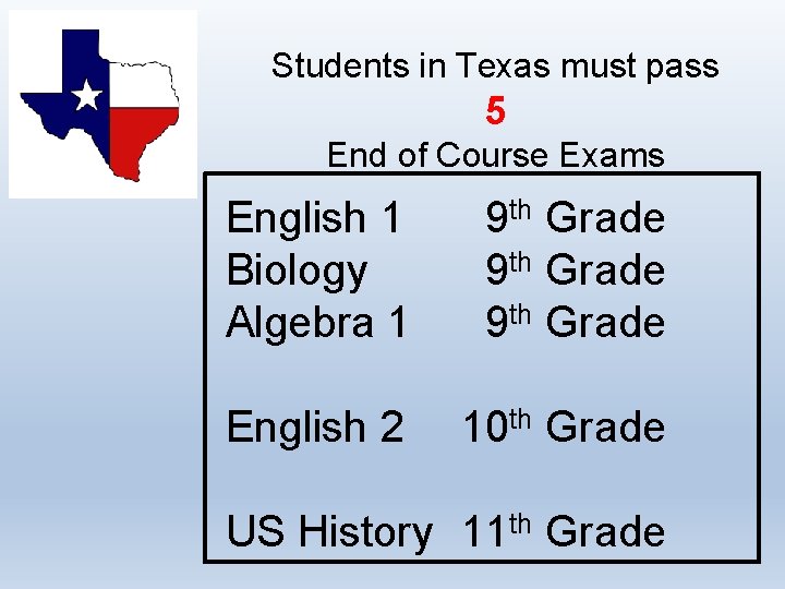 Students in Texas must pass 5 End of Course Exams English 1 Biology Algebra