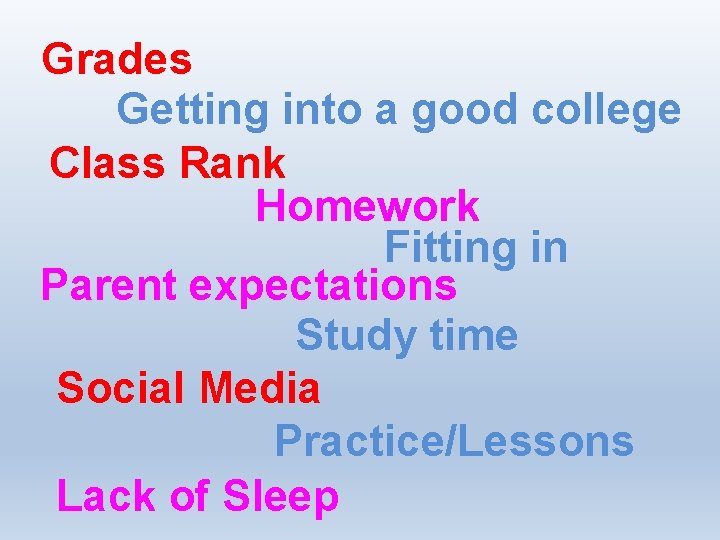 Grades Getting into a good college Class Rank Homework Fitting in Parent expectations Study