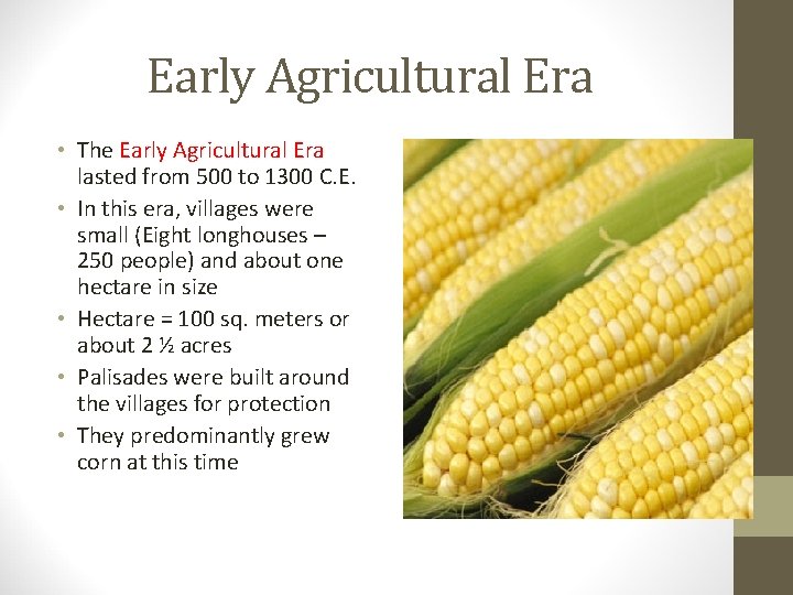 Early Agricultural Era • The Early Agricultural Era lasted from 500 to 1300 C.
