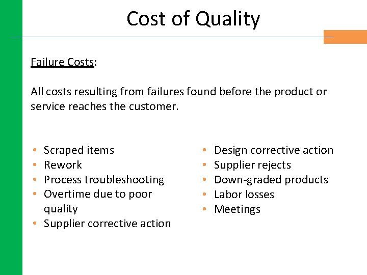 Cost of Quality Failure Costs: All costs resulting from failures found before the product Cost of Quality Failure Costs: All costs resulting from failures found before the product