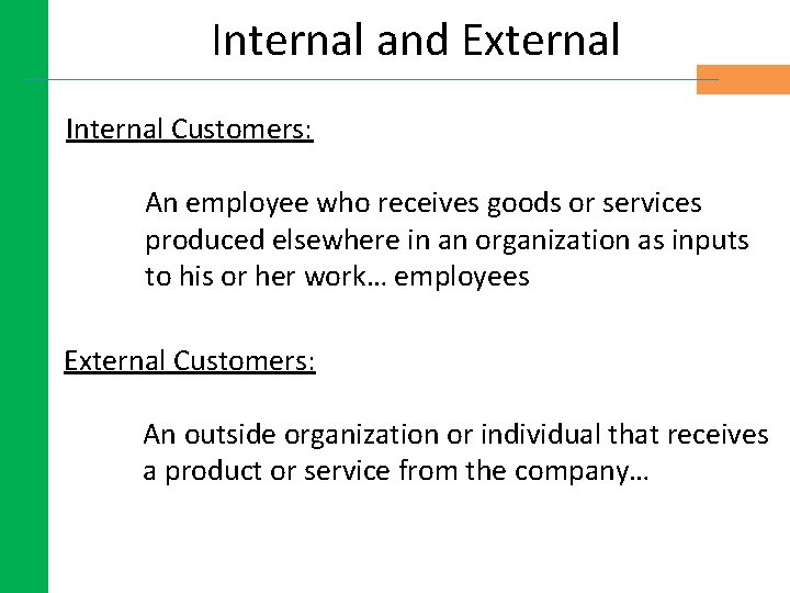 Internal and External Internal Customers: An employee who receives goods or services produced elsewhere Internal and External Internal Customers: An employee who receives goods or services produced elsewhere