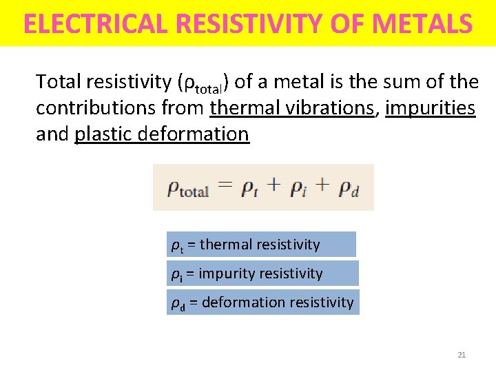 ELECTRICAL RESISTIVITY OF METALS Total resistivity (ρtotal) of a metal is the sum of