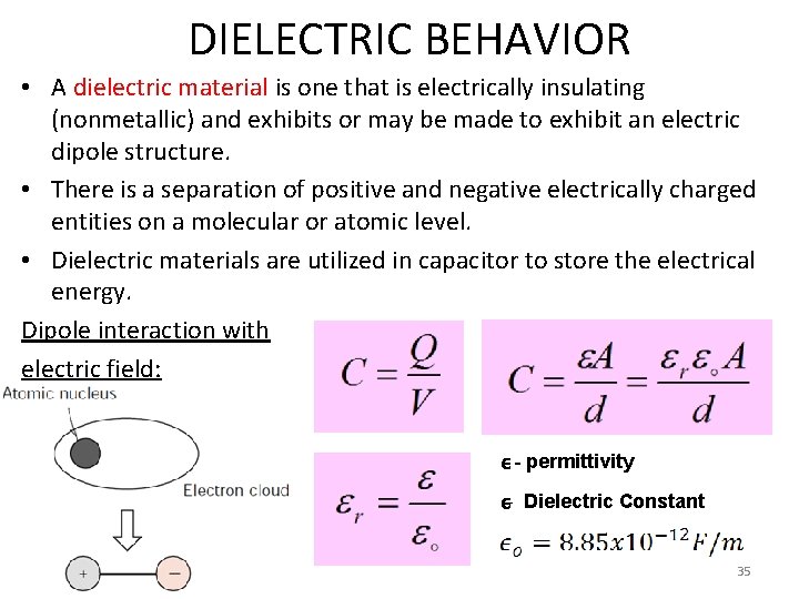 DIELECTRIC BEHAVIOR • A dielectric material is one that is electrically insulating (nonmetallic) and