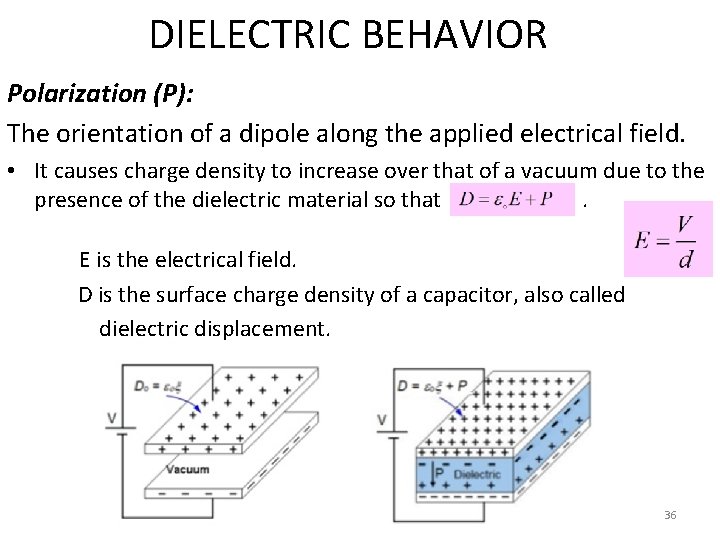 DIELECTRIC BEHAVIOR Polarization (P): The orientation of a dipole along the applied electrical field.