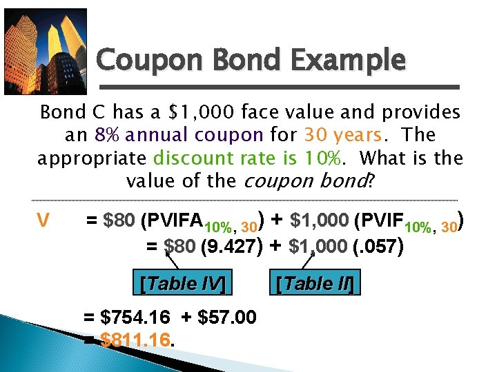 Coupon Bond Example Bond C has a $1, 000 face value and provides an