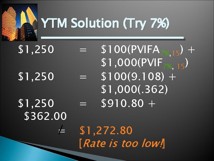YTM Solution (Try 7%) $1, 250 = $1, 250 $362. 00 = = $100(PVIFA