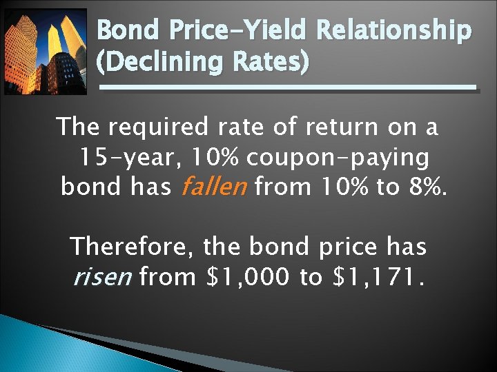 Bond Price-Yield Relationship (Declining Rates) The required rate of return on a 15 -year,