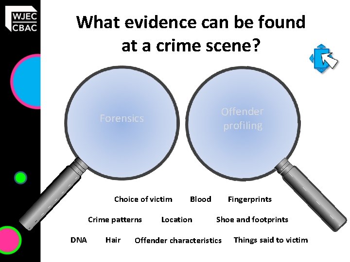 What evidence can be found at a crime scene? Offender profiling Forensics Choice of