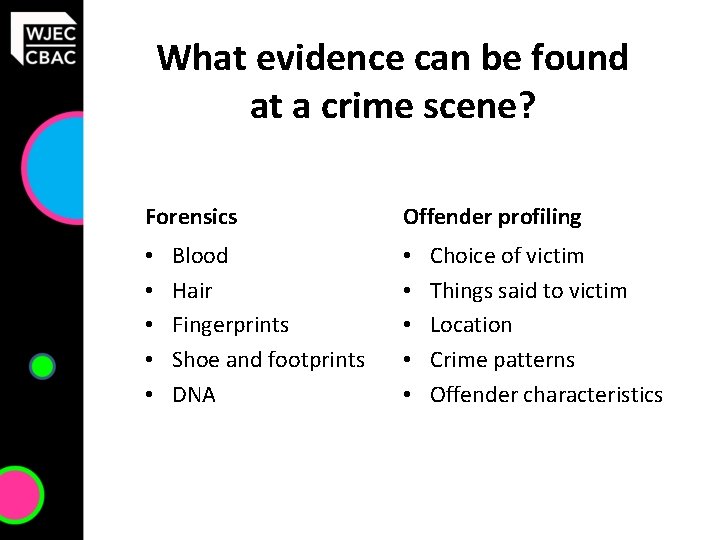 What evidence can be found at a crime scene? Forensics • • • Blood