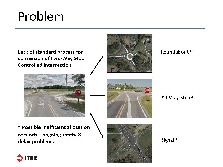 Problem Lack of standard process for conversion of Two-Way Stop Controlled intersection Roundabout? All-Way Problem Lack of standard process for conversion of Two-Way Stop Controlled intersection Roundabout? All-Way