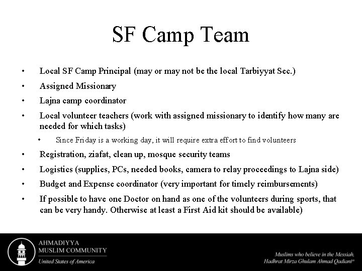 SF Camp Team • Local SF Camp Principal (may or may not be the SF Camp Team • Local SF Camp Principal (may or may not be the