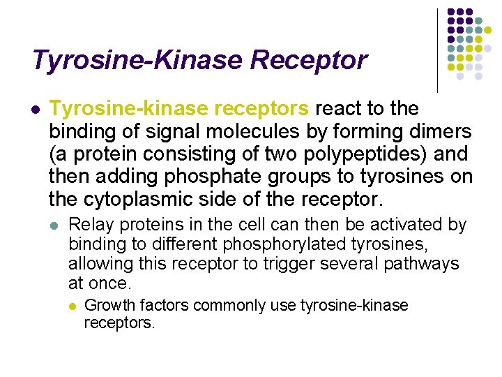 Tyrosine-Kinase Receptor l Tyrosine-kinase receptors react to the binding of signal molecules by forming