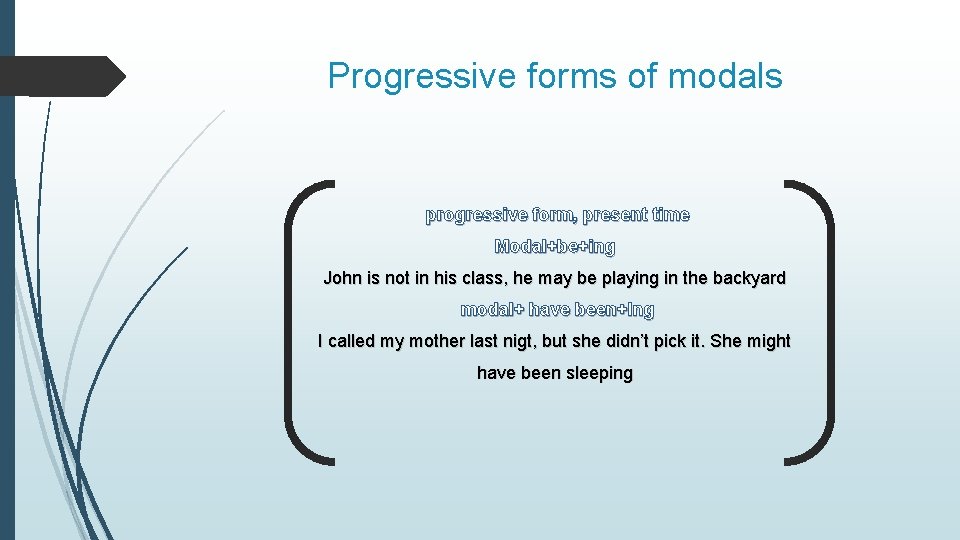 Progressive forms of modals progressive form, present time Modal+be+ing John is not in his