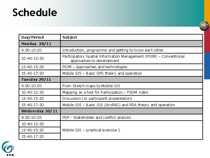 Schedule Day/Period Subject Monday 28/11 9: 00 -10: 20 Introduction, programme and getting to Schedule Day/Period Subject Monday 28/11 9: 00 -10: 20 Introduction, programme and getting to
