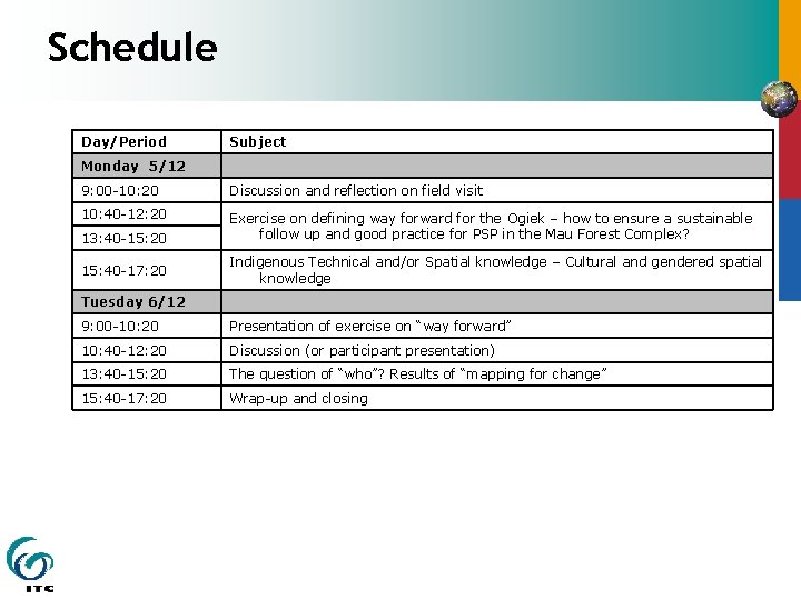 Schedule Day/Period Subject Monday 5/12 9: 00 -10: 20 Discussion and reflection on field Schedule Day/Period Subject Monday 5/12 9: 00 -10: 20 Discussion and reflection on field