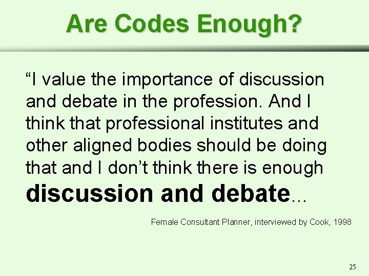 Are Codes Enough? “I value the importance of discussion and debate in the profession.