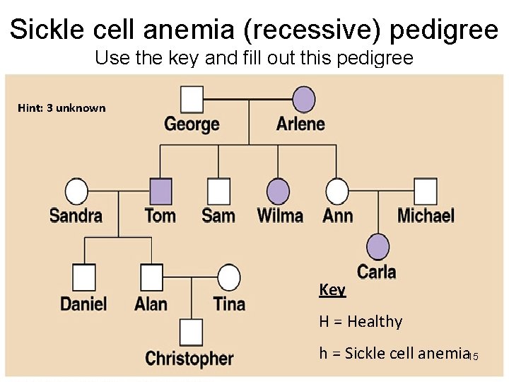 Sickle cell anemia (recessive) pedigree Use the key and fill out this pedigree Hint: