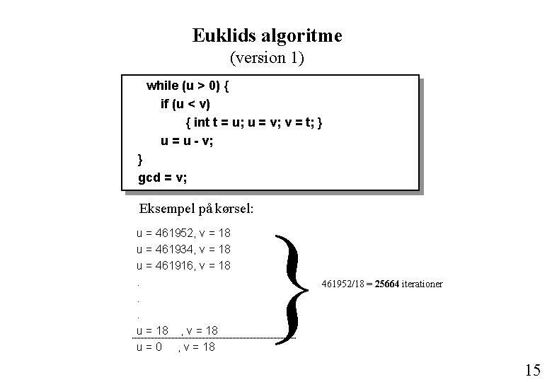 Euklids algoritme (version 1) while (u > 0) { if (u < v) {