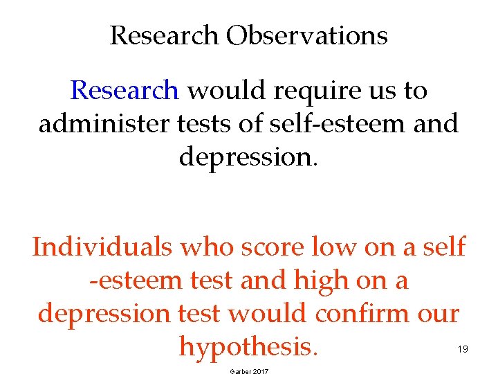 Research Observations Research would require us to administer tests of self-esteem and depression. Individuals Research Observations Research would require us to administer tests of self-esteem and depression. Individuals