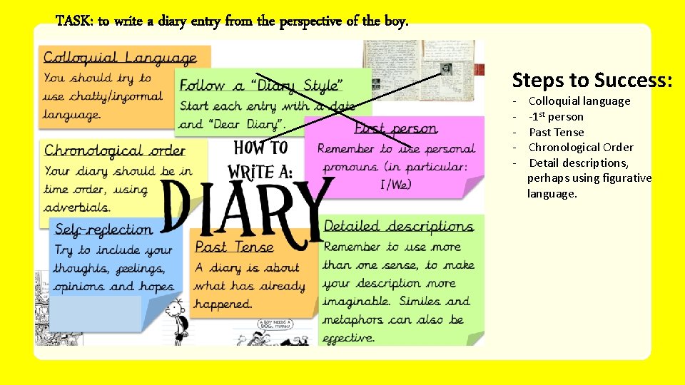 TASK: to write a diary entry from the perspective of the boy. Steps to