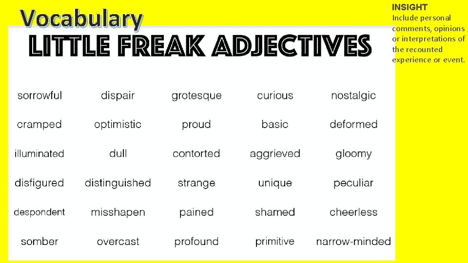 Vocabulary INSIGHT Include personal comments, opinions or interpretations of the recounted experience or event.