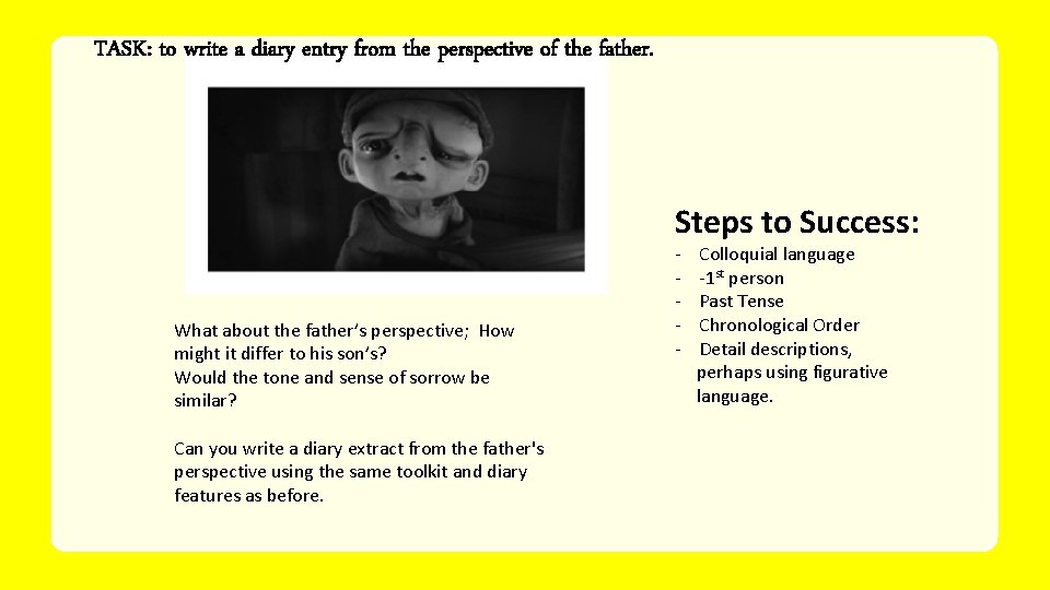 TASK: to write a diary entry from the perspective of the father. Steps to