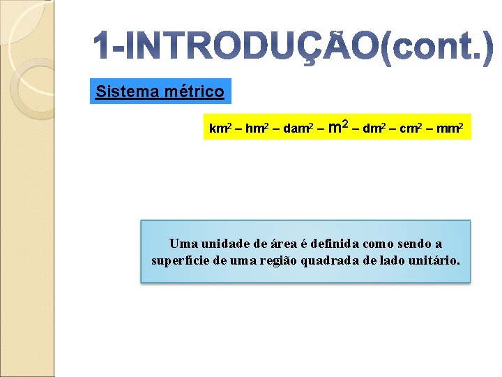 Sistema métrico km 2 – hm 2 – dam 2 – dm 2 –