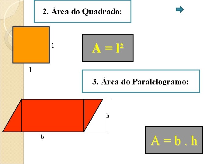 2. Área do Quadrado: l A = l² l 3. Área do Paralelogramo: h