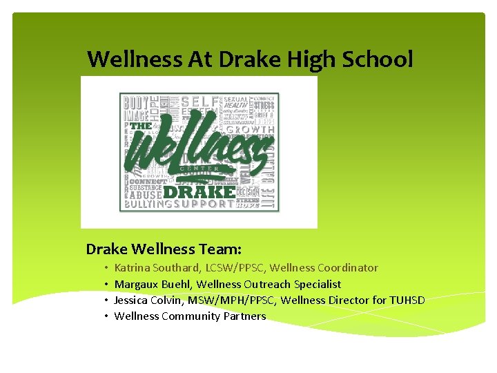 Wellness At Drake High School Drake Wellness Team: • • Katrina Southard, LCSW/PPSC, Wellness