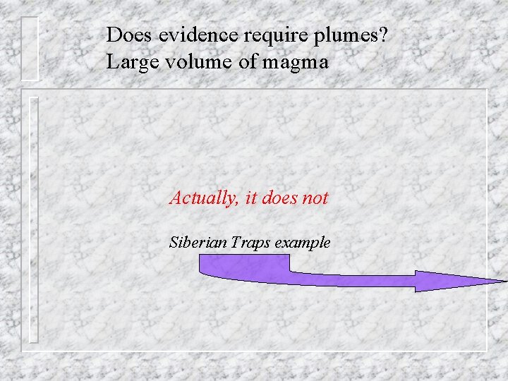 Does evidence require plumes? Large volume of magma Actually, it does not Siberian Traps