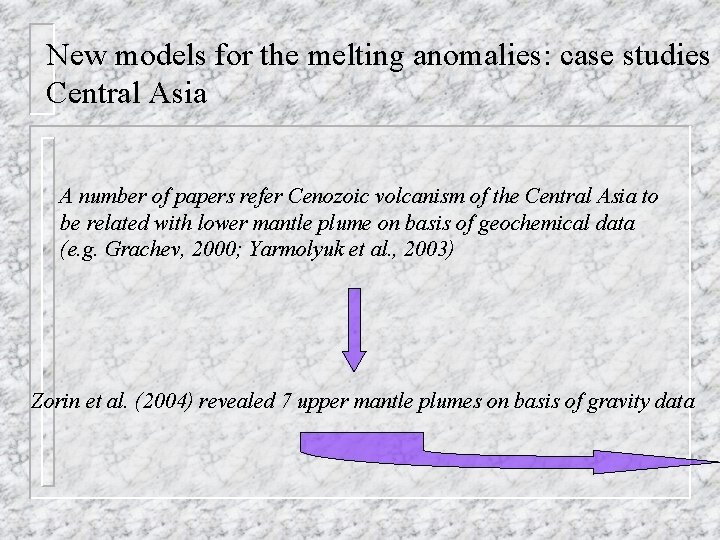 New models for the melting anomalies: case studies Central Asia A number of papers