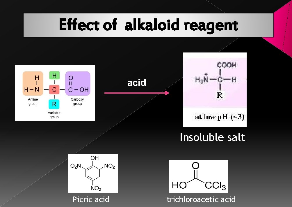 Effect of alkaloid reagent acid Insoluble salt Picric acid trichloroacetic acid 