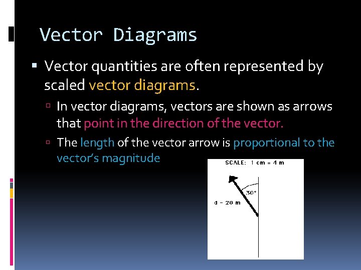 Vector Diagrams Vector quantities are often represented by scaled vector diagrams. In vector diagrams,