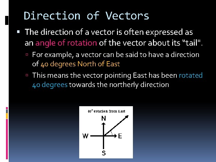 Direction of Vectors The direction of a vector is often expressed as an angle