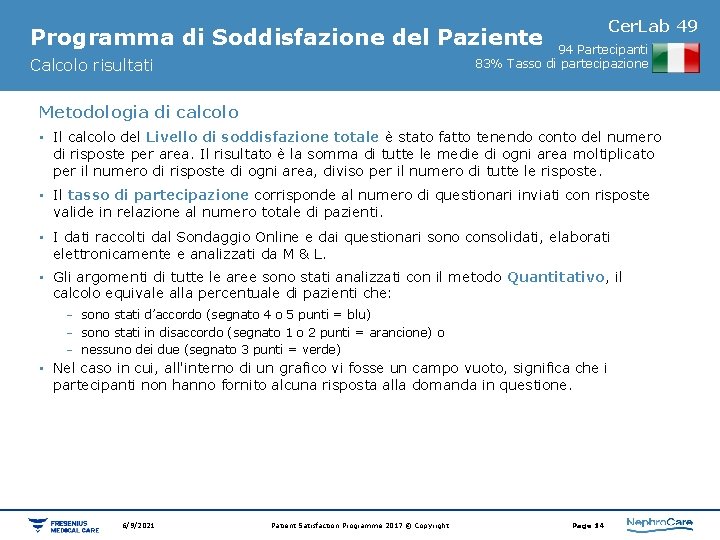 Cer. Lab 49 Programma di Soddisfazione del Paziente 94 Partecipanti 83% Tasso di partecipazione