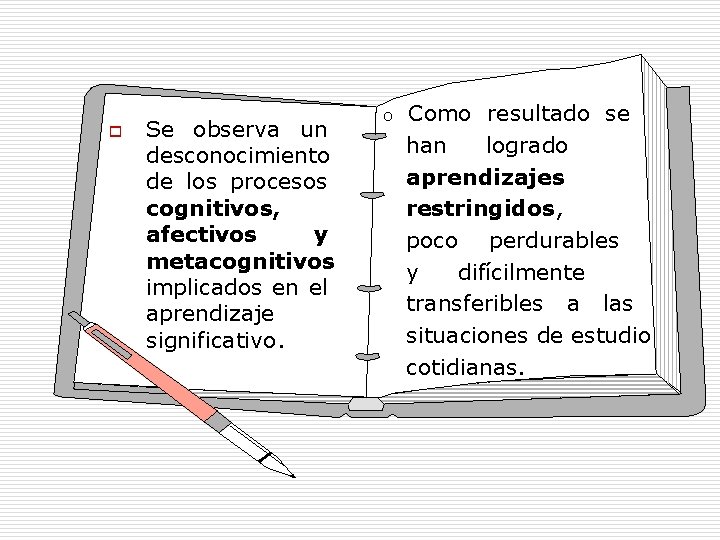 o Se observa un desconocimiento de los procesos cognitivos, afectivos y metacognitivos implicados en o Se observa un desconocimiento de los procesos cognitivos, afectivos y metacognitivos implicados en