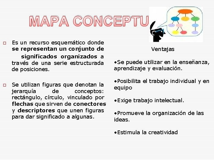 MAPA CONCEPTUAL o o Es un recurso esquemático donde se representan un conjunto de MAPA CONCEPTUAL o o Es un recurso esquemático donde se representan un conjunto de