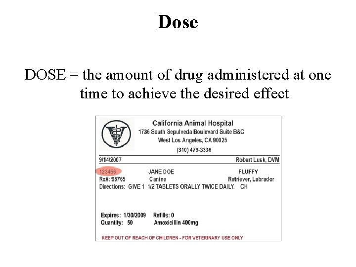 Dose DOSE = the amount of drug administered at one time to achieve the