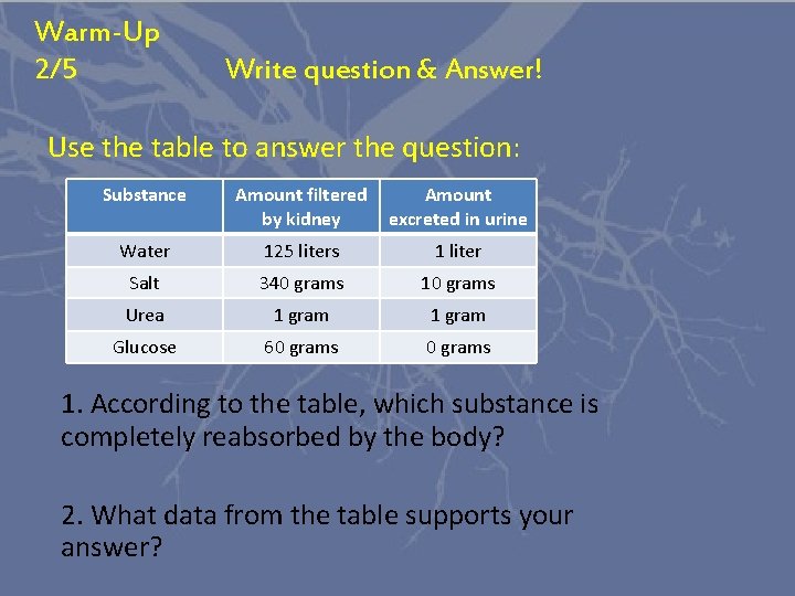 Warm-Up 2/5 Write question & Answer! Use the table to answer the question: Substance