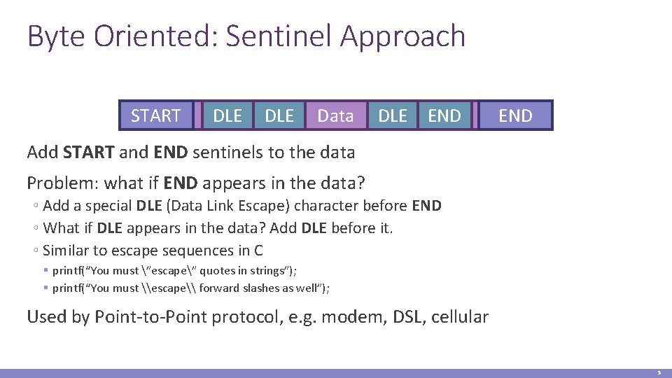 Byte Oriented: Sentinel Approach START DLE Data DLE END Add START and END sentinels