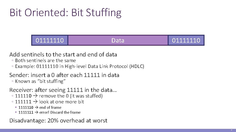 Bit Oriented: Bit Stuffing 01111110 Data 01111110 Add sentinels to the start and end