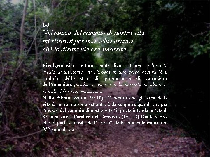 1 -3 Nel mezzo del cammin di nostra vita mi ritrovai per una selva