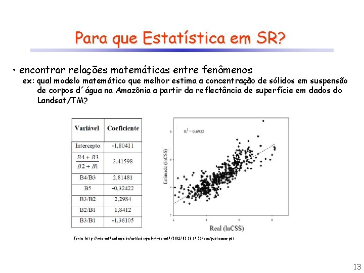 Para que Estatística em SR? • encontrar relações matemáticas entre fenômenos ex: qual modelo