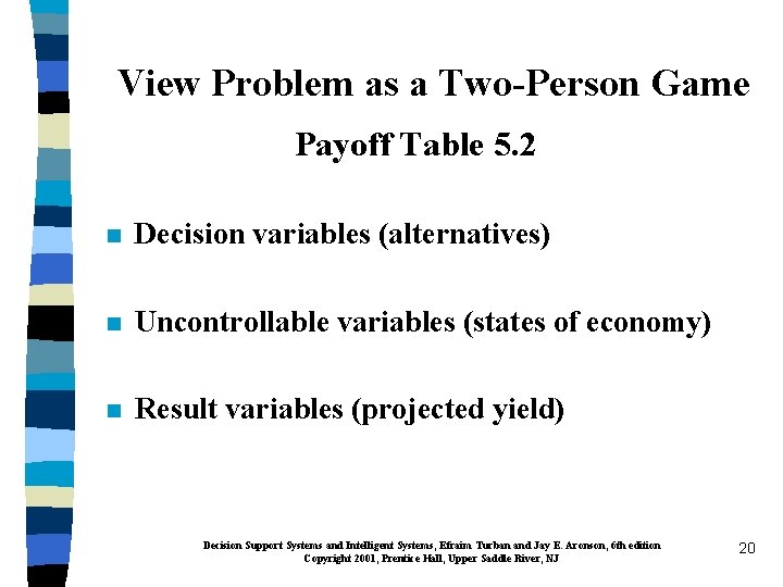 View Problem as a Two-Person Game Payoff Table 5. 2 n Decision variables (alternatives)