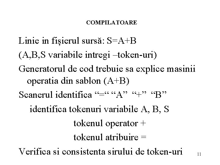 COMPILATOARE Linie in fișierul sursă: S=A+B (A, B, S variabile intregi –token-uri) Generatorul de