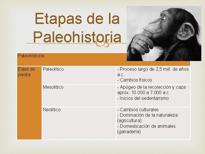 Etapas de la Paleohistoria Edad de piedra Paleolítico - Proceso largo de 2, 5